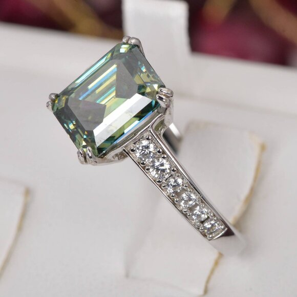 Certified 4ct Blue Green Emerald Cut Moissanite Engagement Ring 925 Sterling - Picture 10 of 10